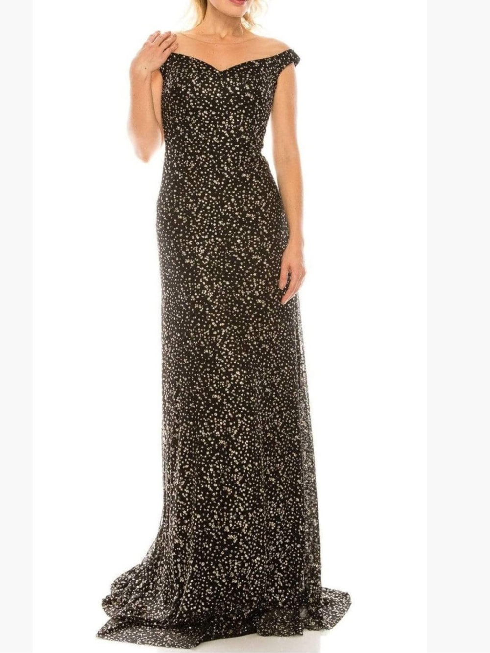 Odrella Illusion Off Shoulder Glitter Mesh A-Line Gown NWOT Sz 6